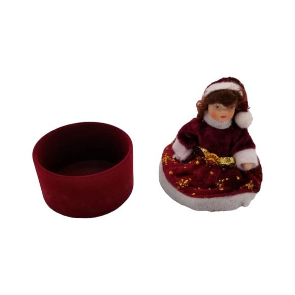 Brown Hair Burgundy Doll Trinket Box Miniature Christmas Porcelain Seasonal - Picture 5 of 7